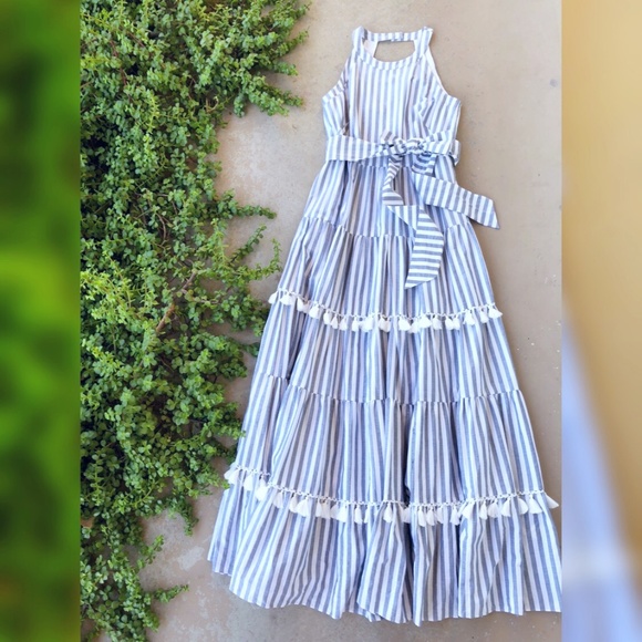 eliza j tiered tassel fringe cotton maxi dress